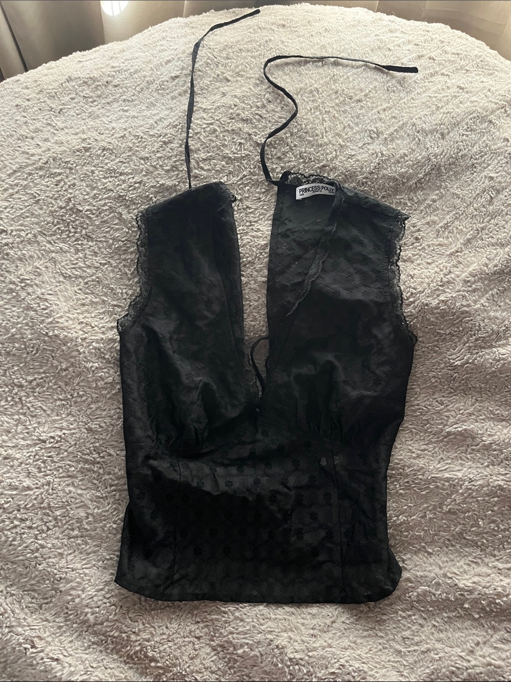 Princess Polly Black Lace Trim Halter Sheer Polka Dot Top